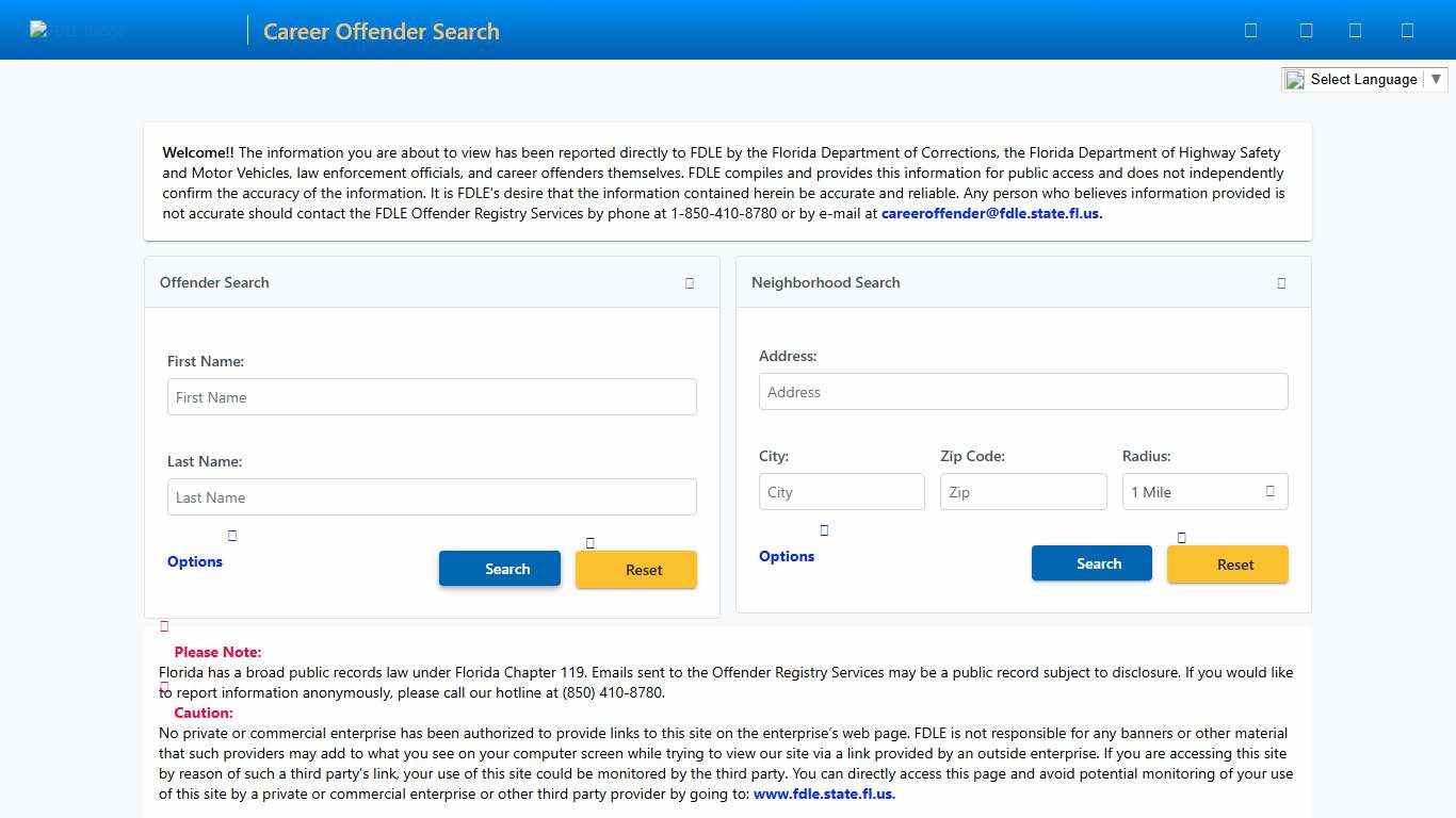 FDLE - Career Offender Search - Home